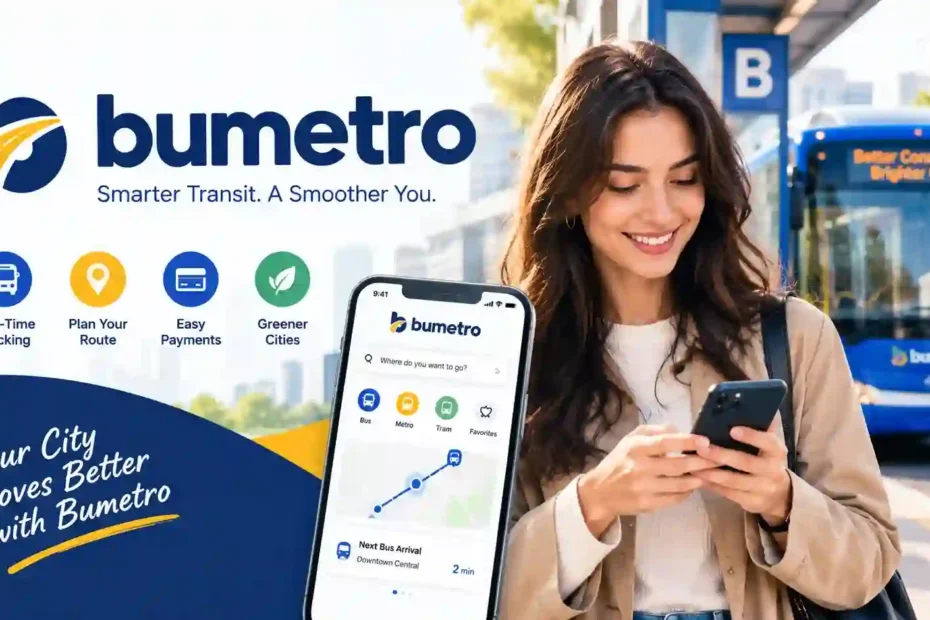 Bumetro featured illustration showing a mobile transit app, city bus, route planning map, and real-time tracking icons.