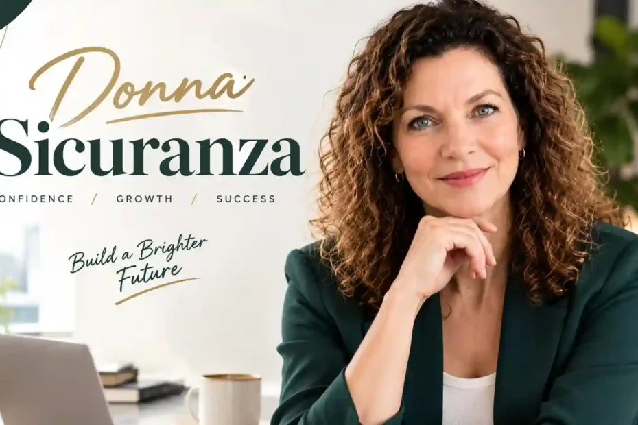 Donna Sicuranza themed featured illustration showing a curly-haired woman in a green blazer with confidence, growth, and success messaging.