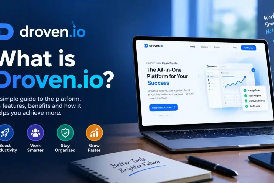 What is Droven.io featured illustration showing a laptop with a digital productivity dashboard, task management tools, and analytics.