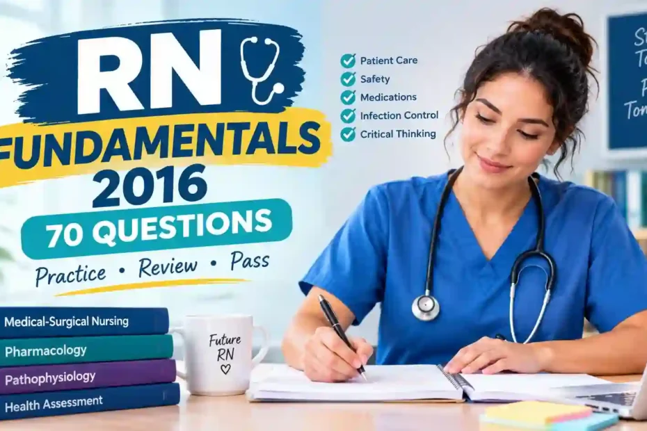 RN Fundamentals 2016 70 Questions study guide featuring a nursing student reviewing patient care, safety, medications, and infection control.