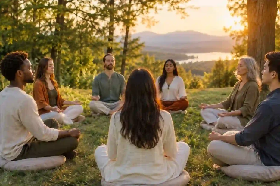 Diverse group of people meditating in a peaceful outdoor circle surrounded by lush trees and warm golden-hour sunlight.