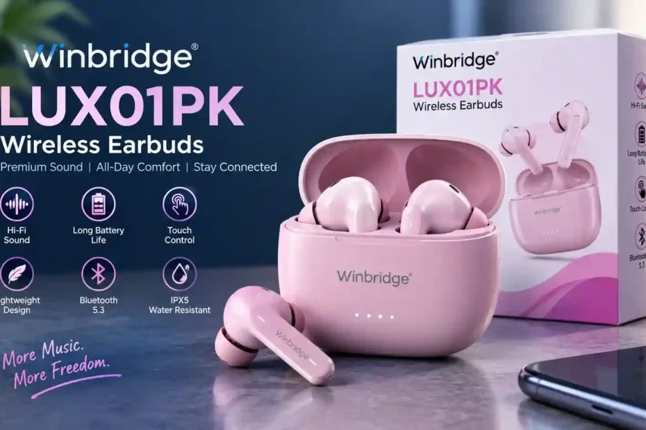 Winbridge LUX01PK wireless earbuds in pink with matching charging case, product packaging, and Bluetooth feature icons.