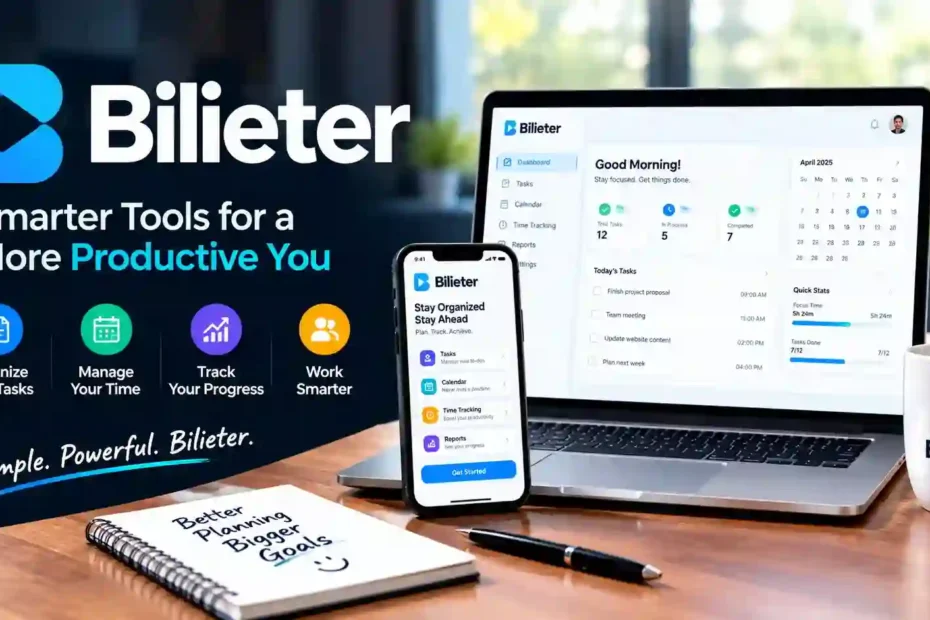 Bilieter concept image showing a laptop and smartphone with productivity dashboards, task management, calendar, and progress tracking tools.