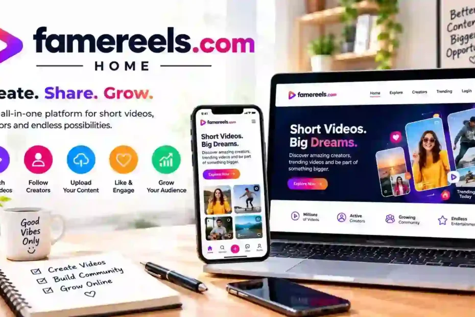 Famereels .com home featured illustration showing a laptop and smartphone with a short-video website interface, creator profiles, and video content.