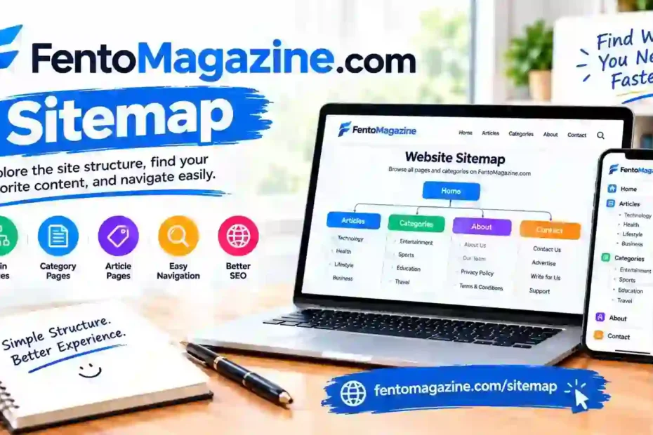 FentoMagazine com sitemap illustration showing a website structure diagram with articles, categories, main pages, and navigation on a laptop and smartphone.
