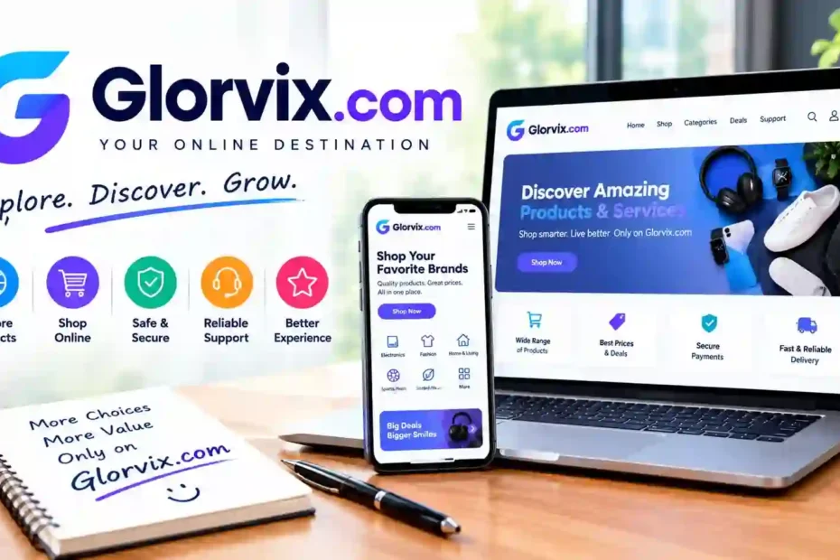 Glorvix com online site concept showing a laptop and smartphone with an online shopping interface, product categories, and digital storefront.