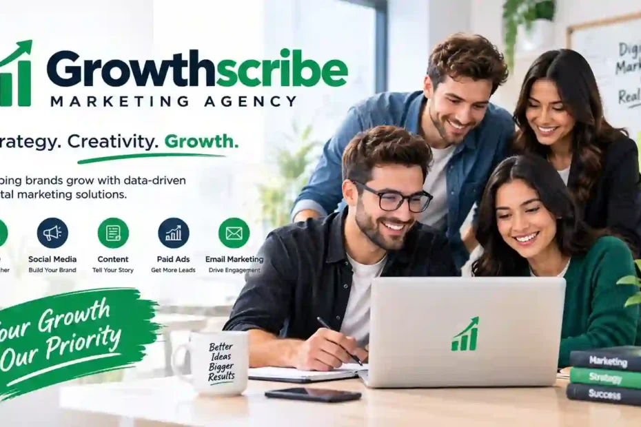 Growthscribe marketing agency featured illustration showing a digital marketing team collaborating on SEO, content marketing, and business growth.
