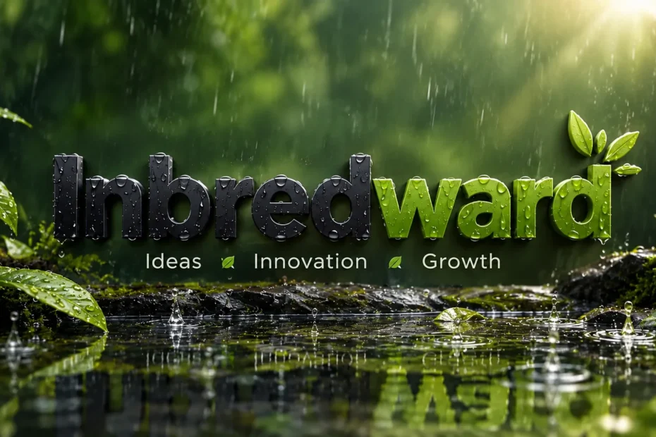 Inbredward 3D logo in black and green with water droplets, surrounded by lush greenery, falling rain, and natural reflections.