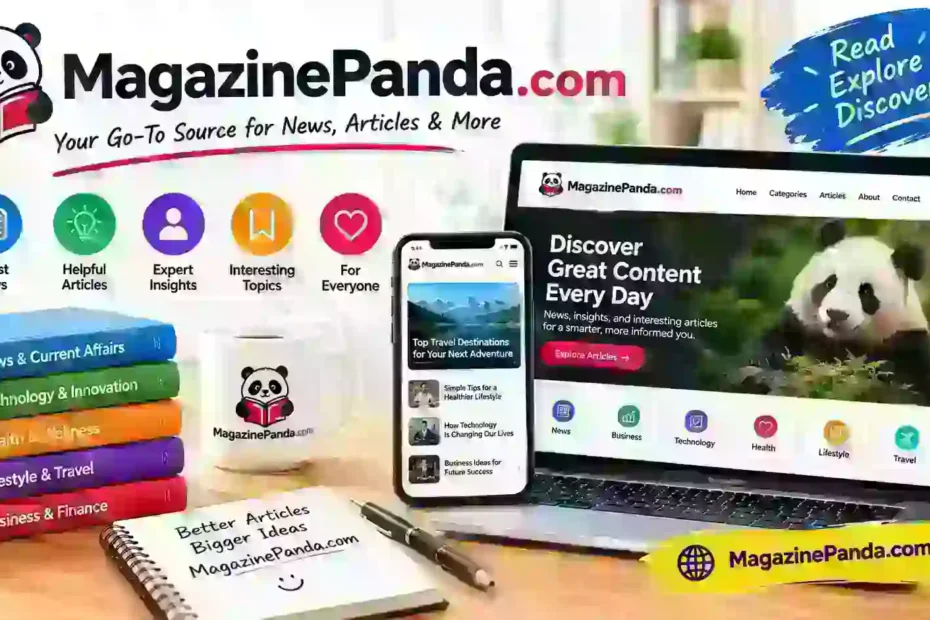 MagazinePanda.com featured image showing a panda mascot, laptop and smartphone with a digital magazine website featuring news, technology, business and lifestyle articles.