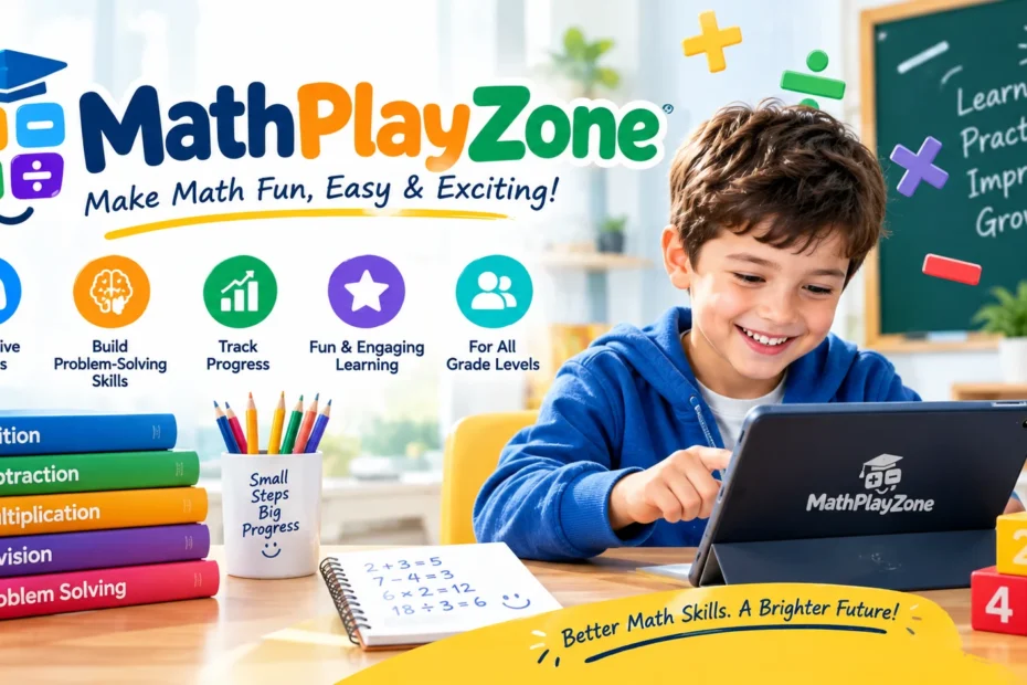 MathPlayZone educational illustration showing a child using a tablet with colorful math symbols, learning games, and arithmetic books.