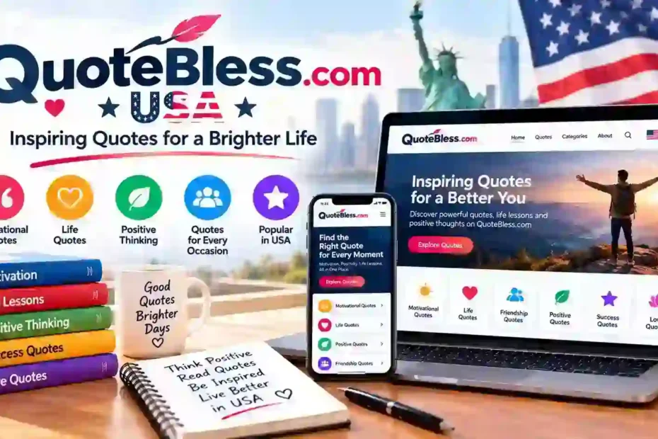 QuoteBless.com USA featured illustration showing inspirational quotes on a laptop and smartphone with an American flag and Statue of Liberty.