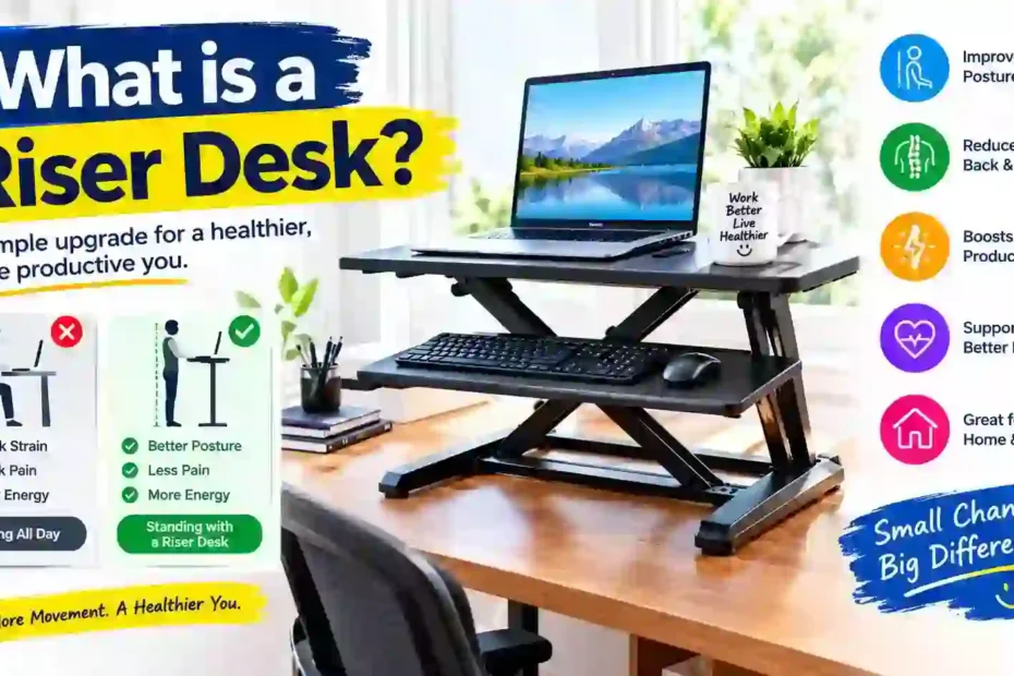 What is a riser desk infographic showing an adjustable standing desk converter with a laptop, keyboard tray, and sitting versus standing comparison.